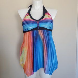 Unbranded Tankini Size XL Blue Black Orange Sunset Halter Top Black Bottoms NWOT